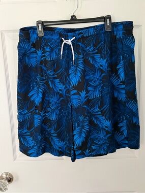 Men's Blue Tropical Leaf Board Shorts with Drawstring